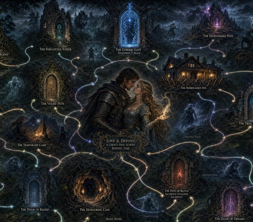 Doorways to lead to various adventures, in the middle a noble woman hugging her favorite hero.