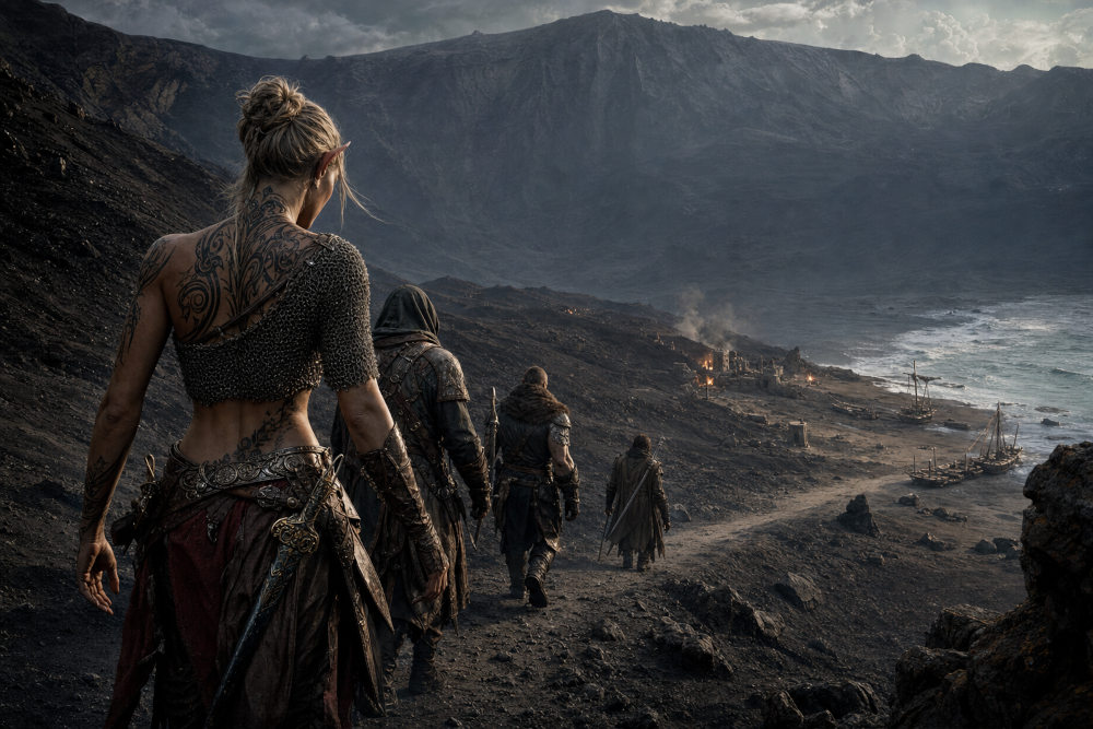A line of adventurers marching through a dark and weathered landscape.